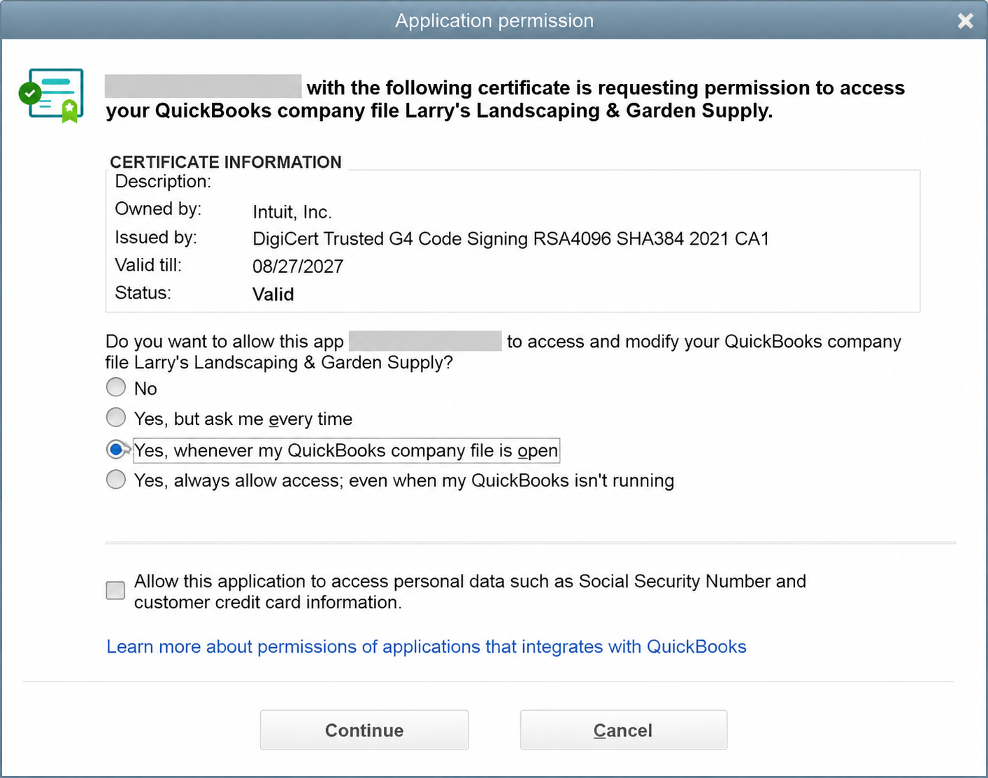 Application permission dialog with Yes, whenever my QuickBooks company file is open selected and personal-data access unchecked.