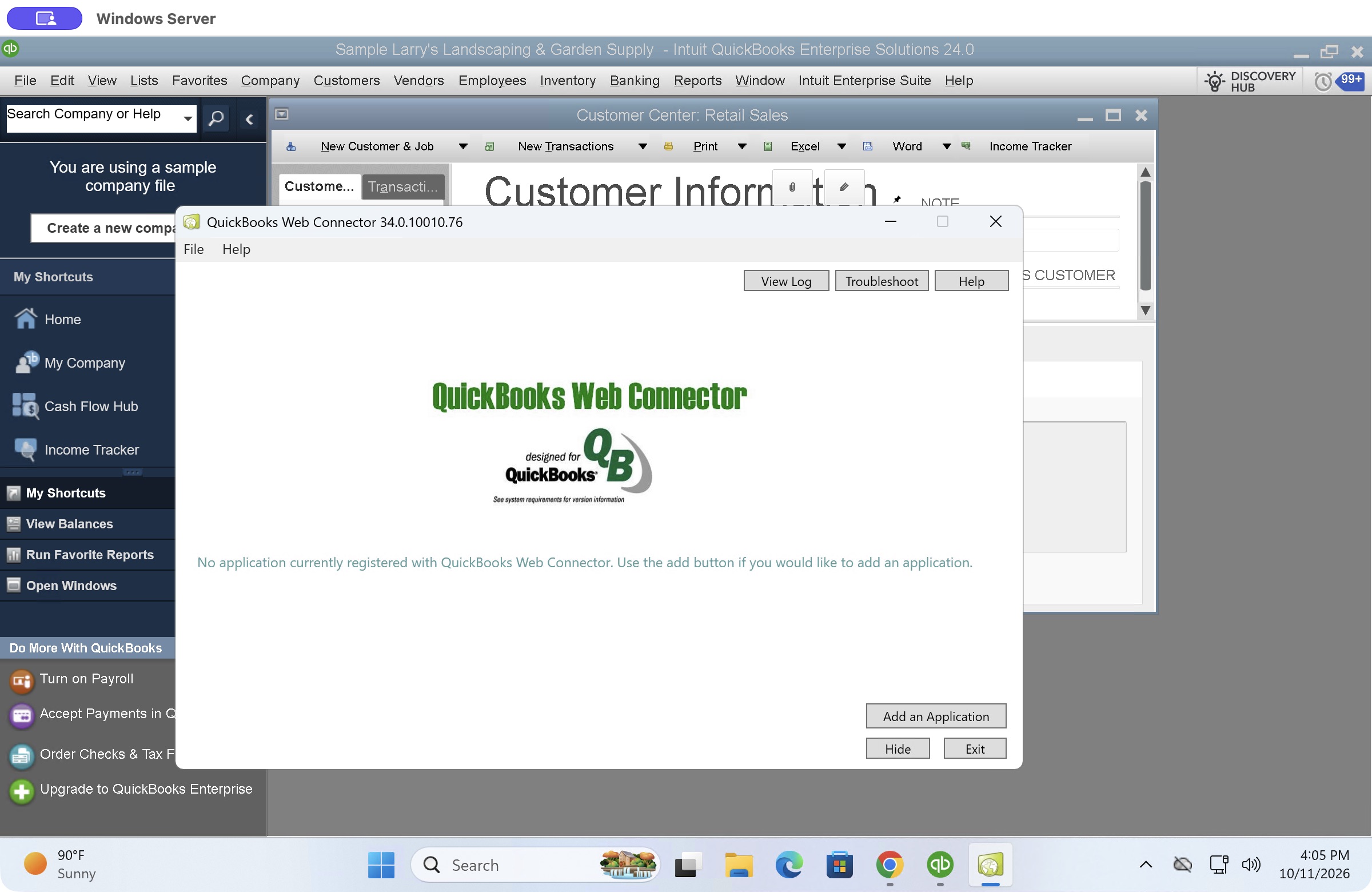 QuickBooks Web Connector with an empty application list and Add an Application at the bottom right.