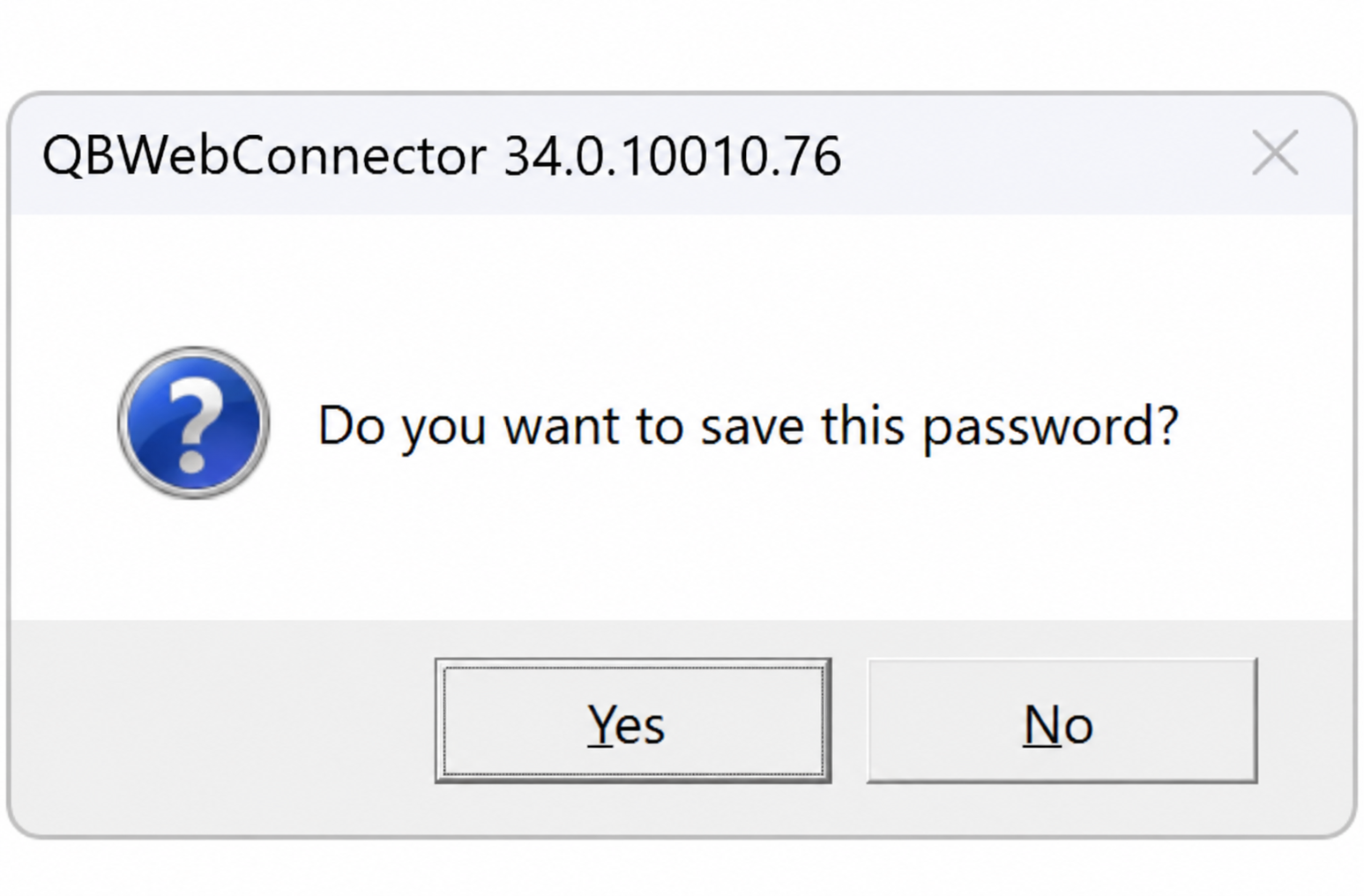 Web Connector asks Do you want to save this password, with Yes and No buttons.
